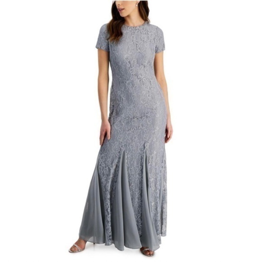 LAUREN RALPH LAUREN Floral Lace Godet Mesh Panel Short Sleeve Gown in Grey Sz 12